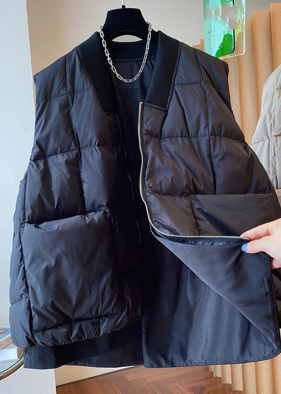 Boutique Black V Neck Zippered Patchwork Duck Down Waistcoat Sleeveless Ada Fashion