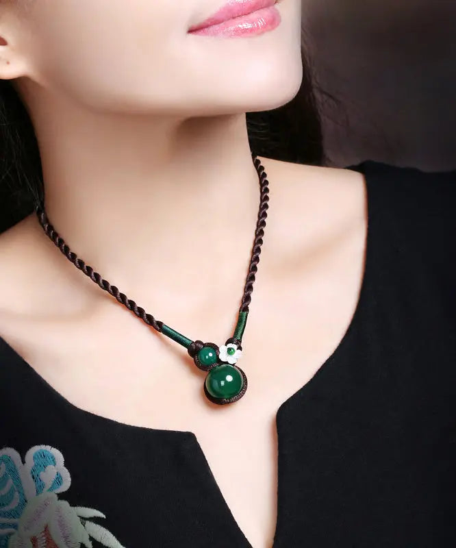 Boutique Blackish Green Agate Shell Flower Pendant Necklace Ada Fashion