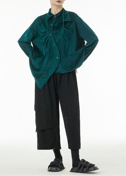 Boutique Blackish Green Asymmetrical Wrinkled Silk Velour Shirts Spring TS1047 - fabuloryshop