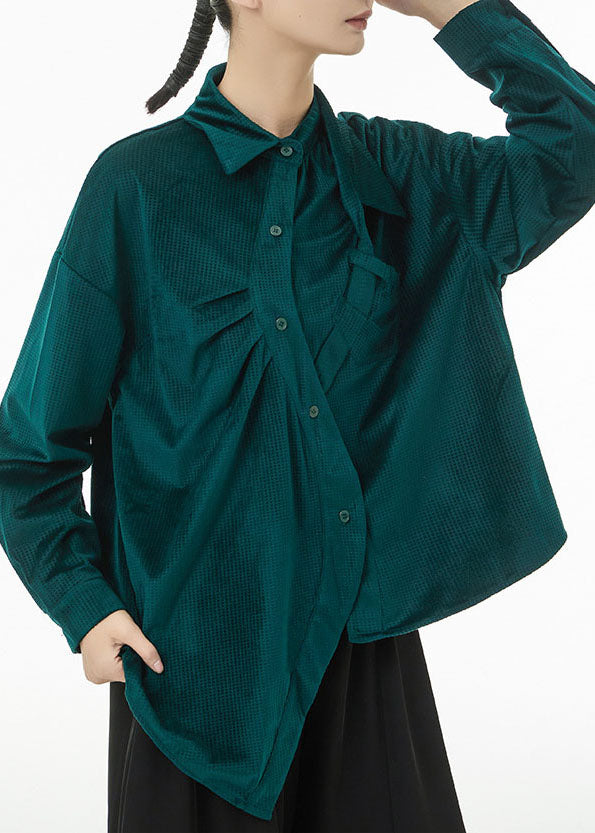 Boutique Blackish Green Asymmetrical Wrinkled Silk Velour Shirts Spring TS1047