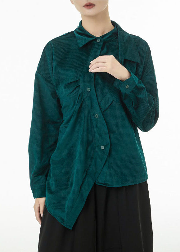 Boutique Blackish Green Asymmetrical Wrinkled Silk Velour Shirts Spring TS1047 - fabuloryshop