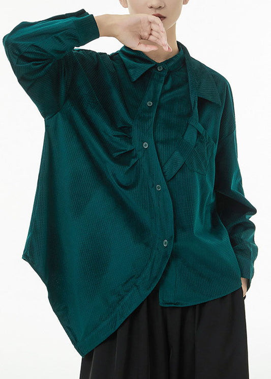 Boutique Blackish Green Asymmetrical Wrinkled Silk Velour Shirts Spring TS1047 - fabuloryshop
