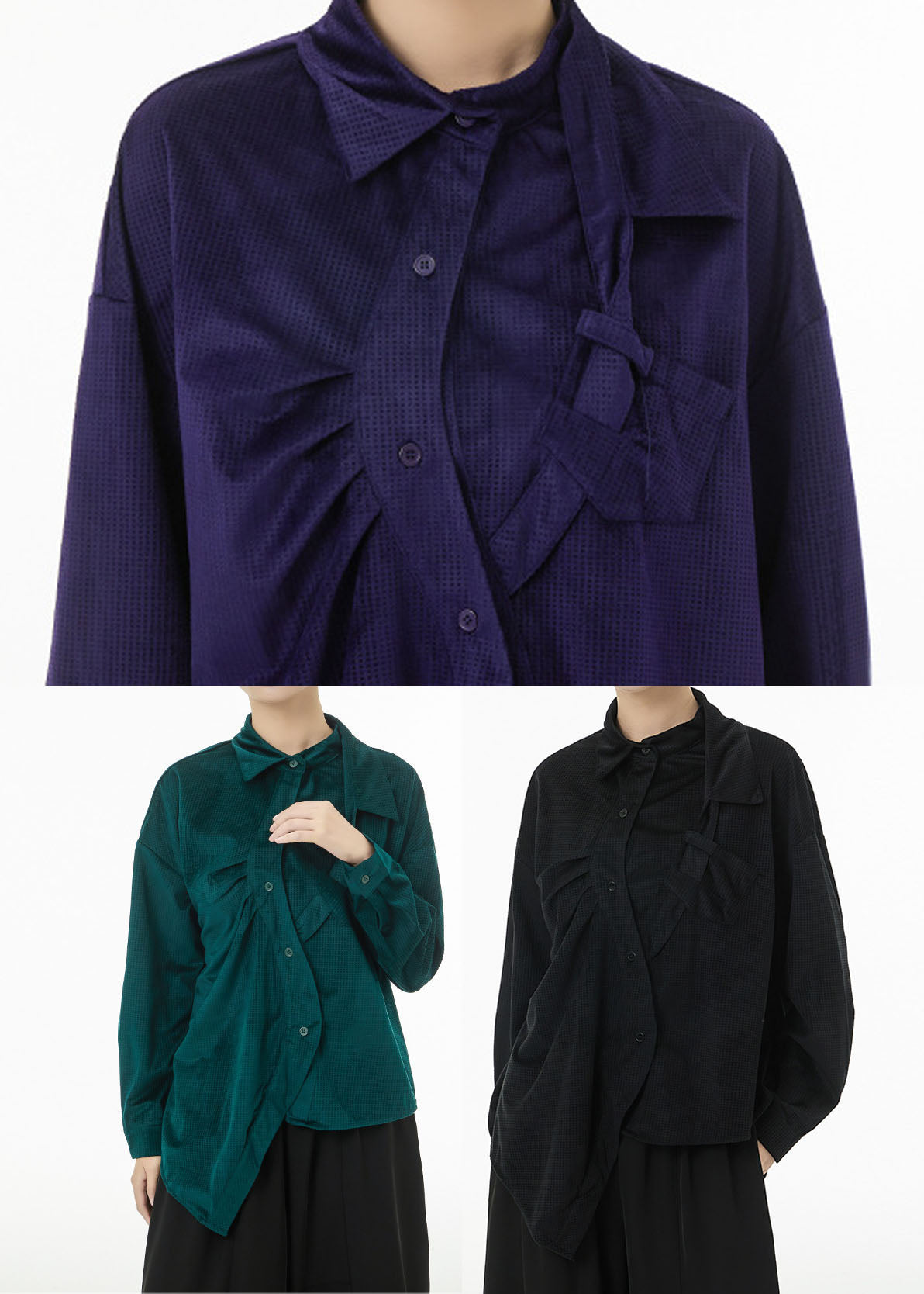Boutique Blackish Green Asymmetrical Wrinkled Silk Velour Shirts Spring TS1047
