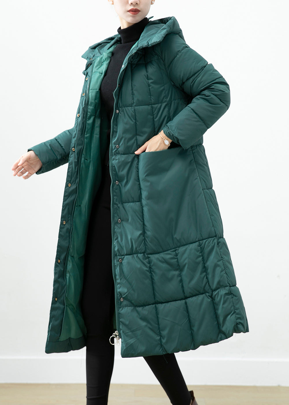 Boutique Blackish Green Hooded Pockets Fine Cotton Filled Winter Coats Ada Fashion