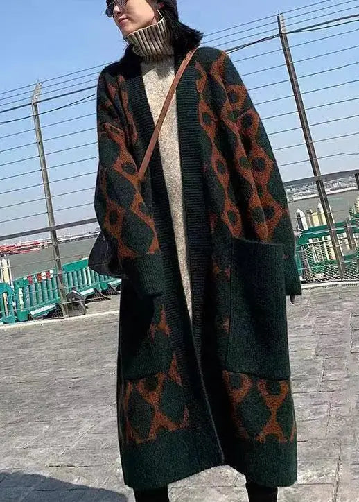 Boutique Blackish Green V Neck Pockets Patchwork Knit Long Cardigans Fall Ada Fashion