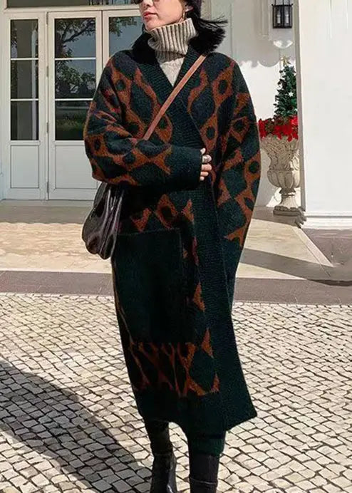 Boutique Blackish Green V Neck Pockets Patchwork Knit Long Cardigans Fall Ada Fashion