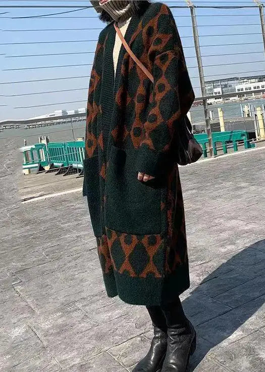 Boutique Blackish Green V Neck Pockets Patchwork Knit Long Cardigans Fall Ada Fashion