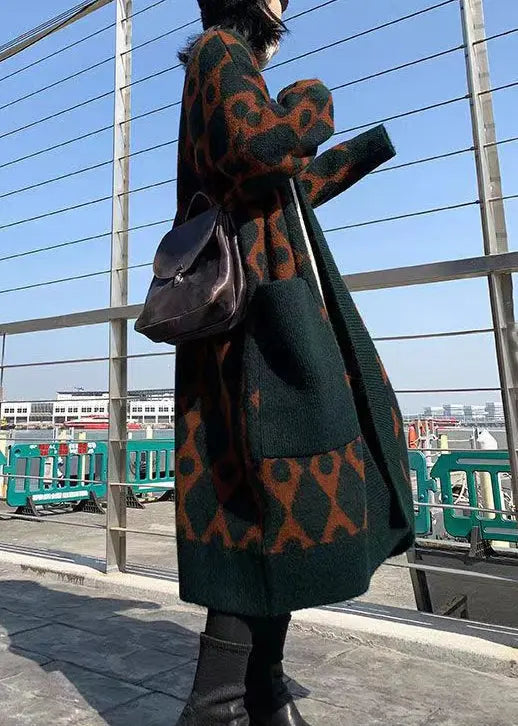 Boutique Blackish Green V Neck Pockets Patchwork Knit Long Cardigans Fall Ada Fashion