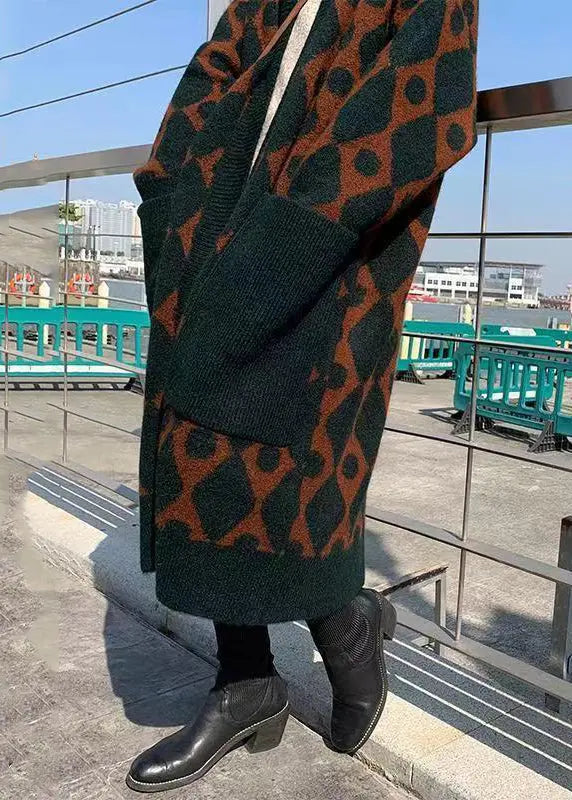 Boutique Blackish Green V Neck Pockets Patchwork Knit Long Cardigans Fall Ada Fashion