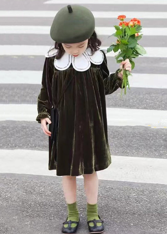 Boutique Blackish Green Wrinkled Patchwork Velour Baby Girls Dress Fall Ada Fashion