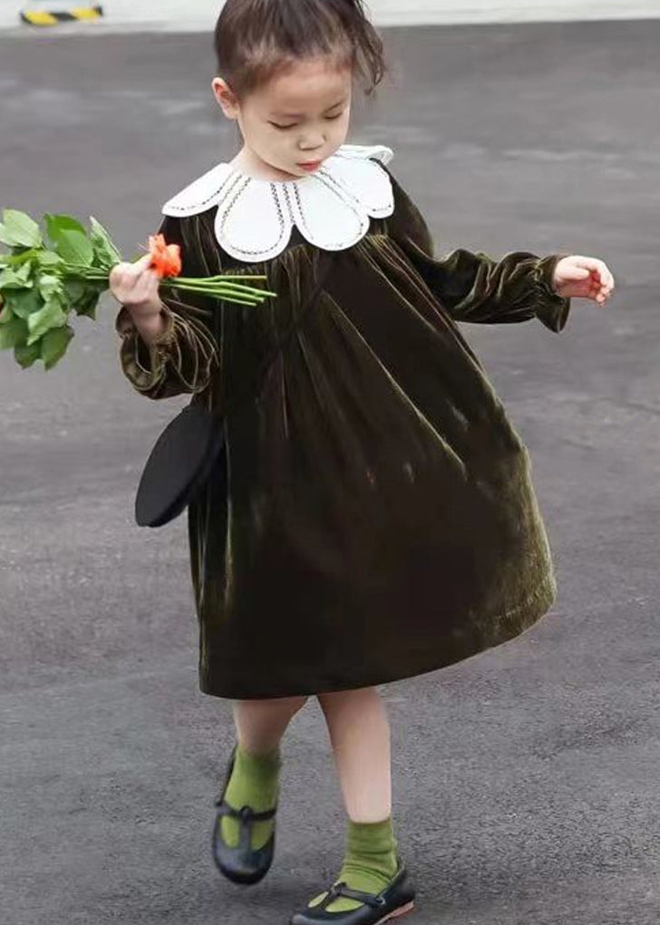 Boutique Blackish Green Wrinkled Patchwork Velour Baby Girls Dress Fall Ada Fashion
