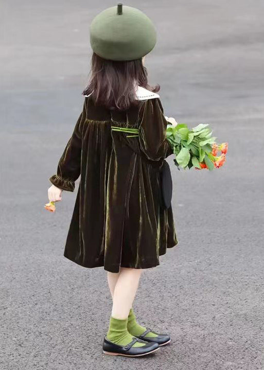 Boutique Blackish Green Wrinkled Patchwork Velour Baby Girls Dress Fall Ada Fashion