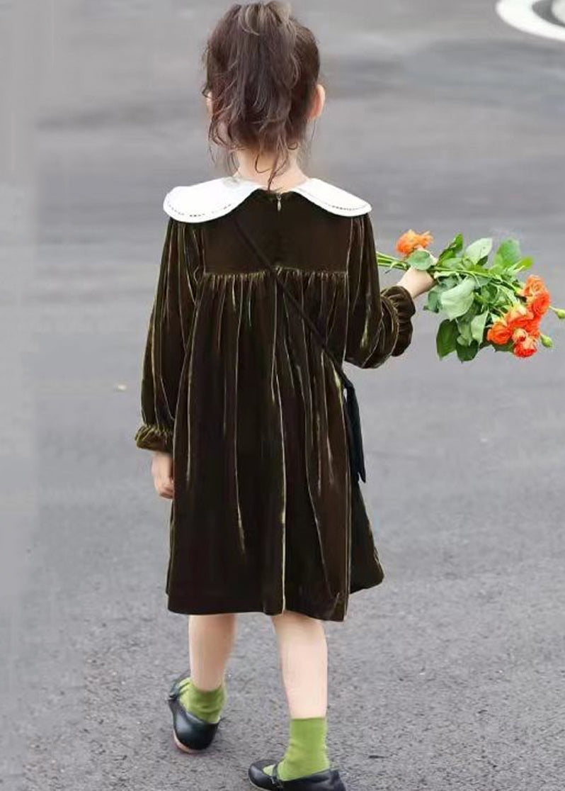 Boutique Blackish Green Wrinkled Patchwork Velour Baby Girls Dress Fall Ada Fashion