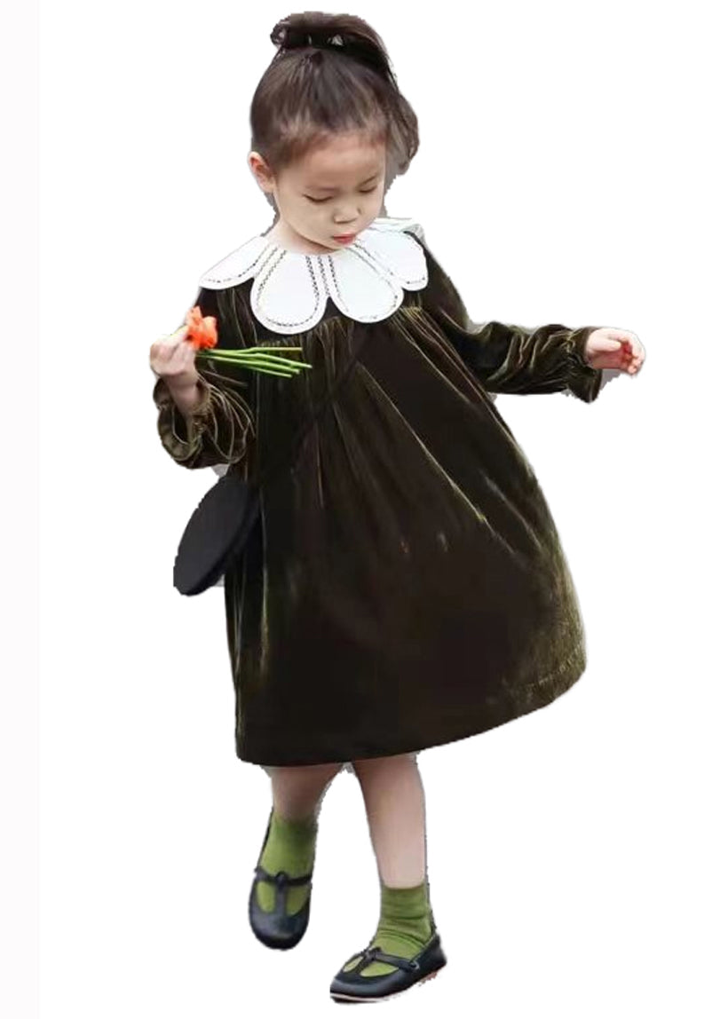 Boutique Blackish Green Wrinkled Patchwork Velour Baby Girls Dress Fall Ada Fashion