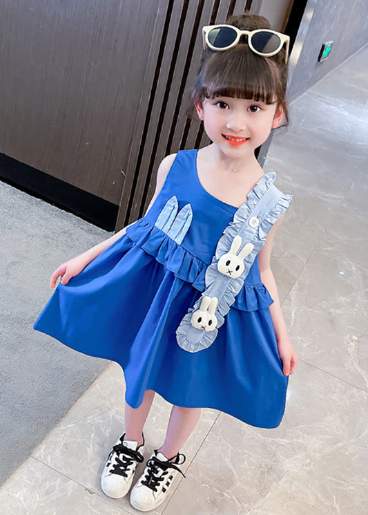 Boutique Blue Asymmetrical Patchwork Ruffled Kids Vacation Mid Dress Sleeveless LY6453 - fabuloryshop
