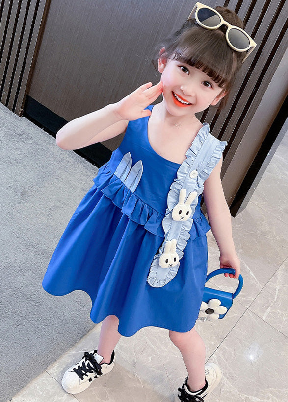 Boutique Blue Asymmetrical Patchwork Ruffled Kids Vacation Mid Dress Sleeveless LY6453 - fabuloryshop