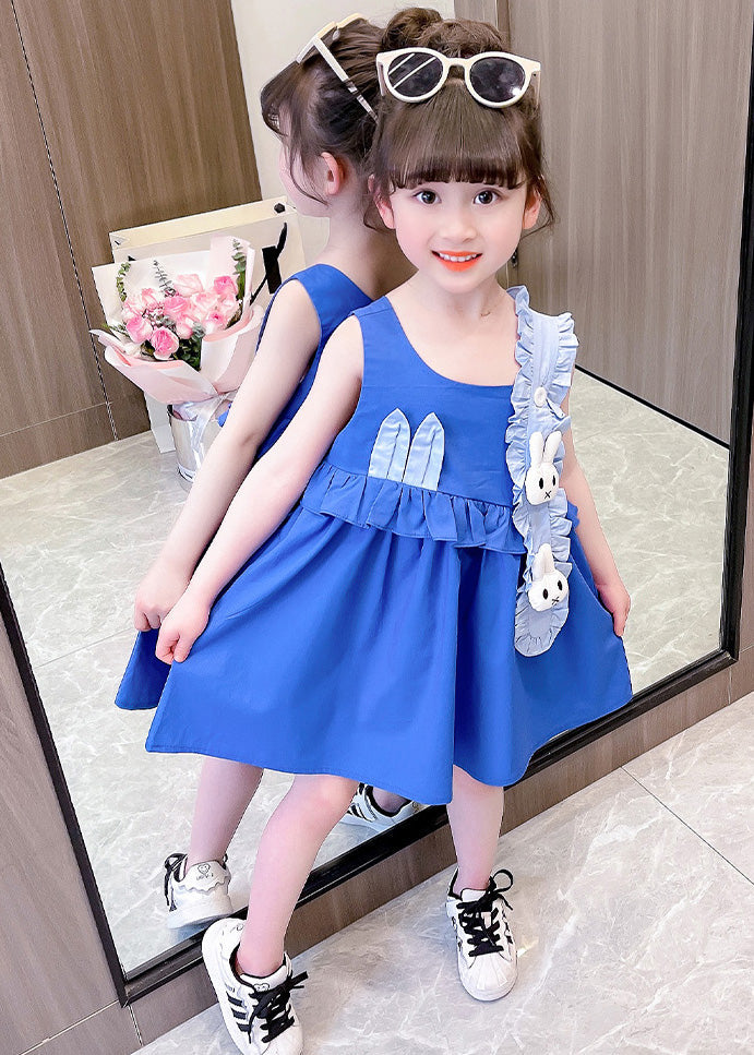 Boutique Blue Asymmetrical Patchwork Ruffled Kids Vacation Mid Dress Sleeveless LY6453 - fabuloryshop
