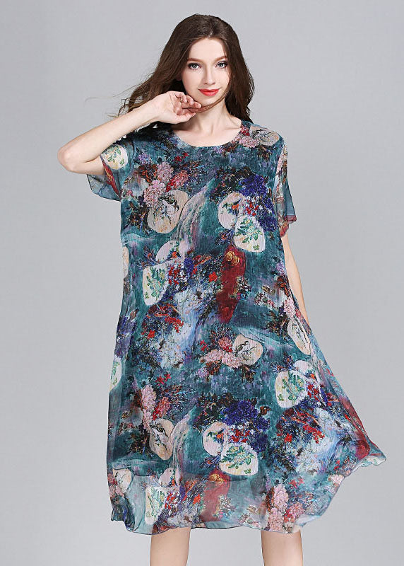 Boutique Blue Asymmetrical Print Patchwork Chiffon Mid Dress Summer LY6498 - fabuloryshop