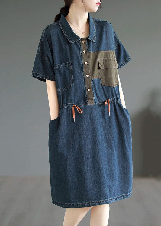 Boutique Blue Button Drawstring Pockets Patchwork Denim Mid Dress Summer Ada Fashion