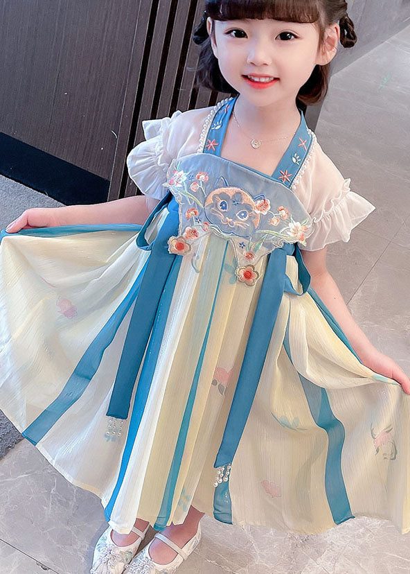 Boutique Blue Embroideried Cats Patchwork Chiffon Baby Girls Dresses Summer LY6480 Ada Fashion