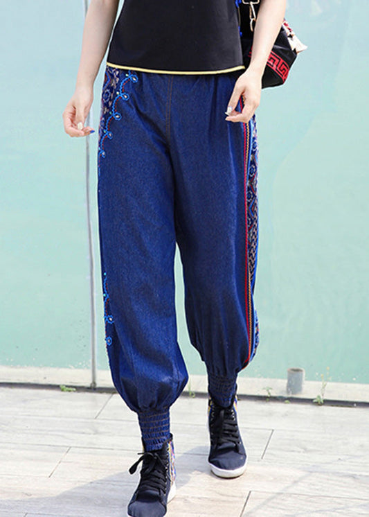 Boutique Blue Embroideried Elastic Waist Cotton Denim Harem Pants Spring LY0186 - fabuloryshop
