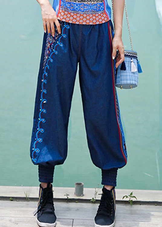 Boutique Blue Embroideried Elastic Waist Cotton Denim Harem Pants Spring LY0186 - fabuloryshop