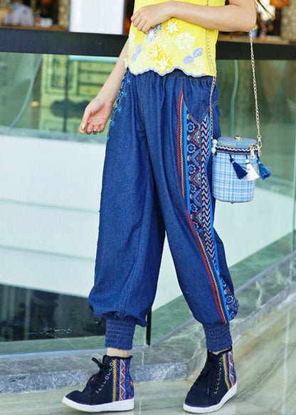 Boutique Blue Embroideried Elastic Waist Cotton Denim Harem Pants Spring LY0186 - fabuloryshop