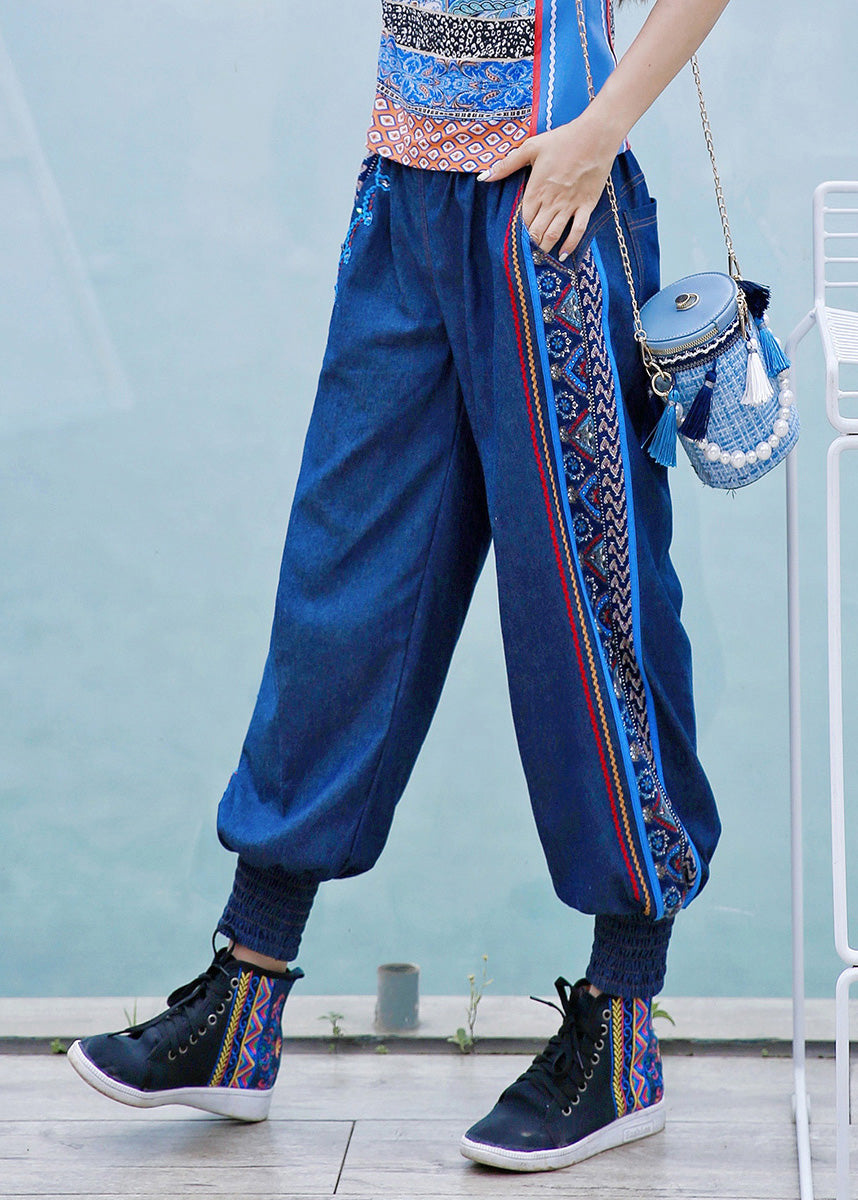 Boutique Blue Embroideried Elastic Waist Cotton Denim Harem Pants Spring LY0186 - fabuloryshop