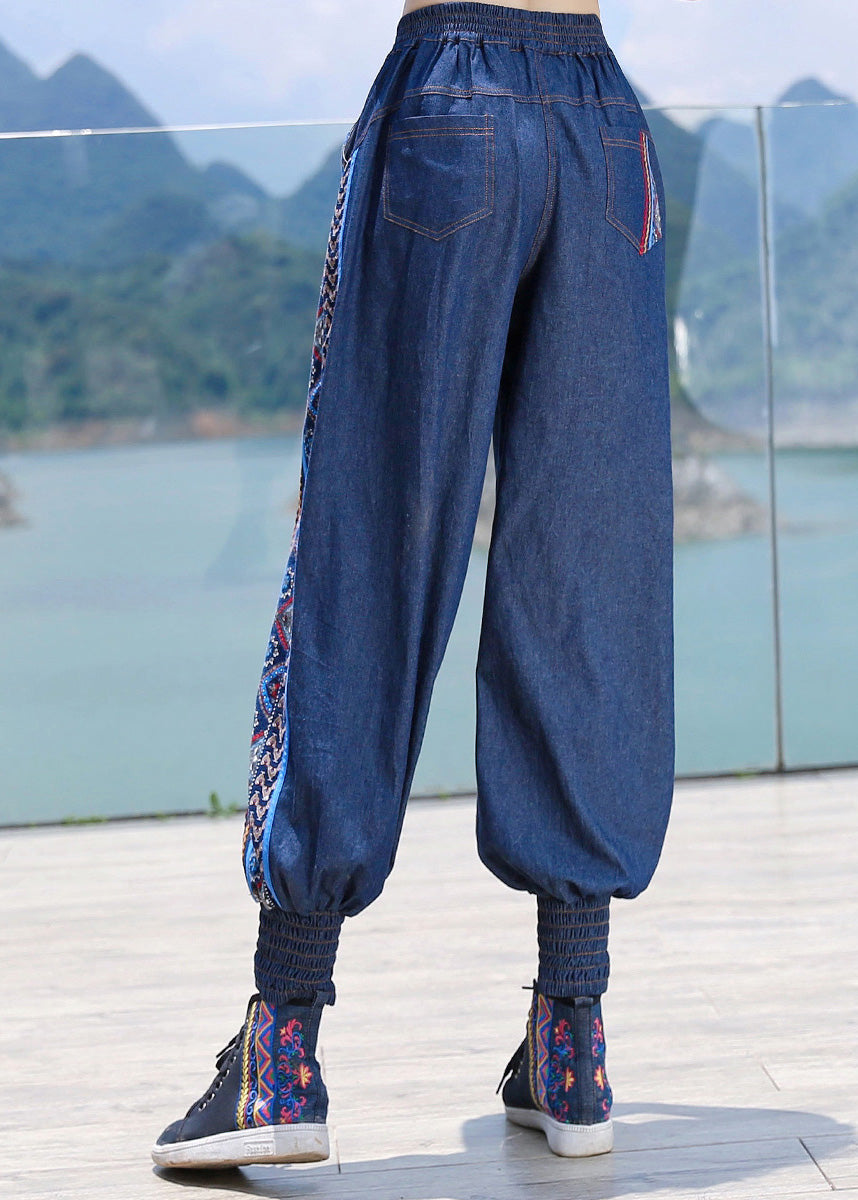 Boutique Blue Embroideried Elastic Waist Cotton Denim Harem Pants Spring LY0186 - fabuloryshop