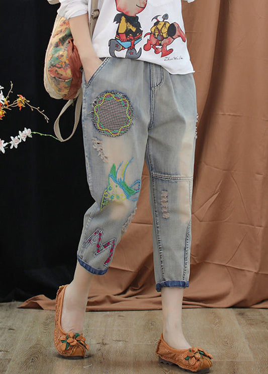 Boutique Blue Embroideried Patchwork Elastic Waist Crop Jeans TY1085 - fabuloryshop