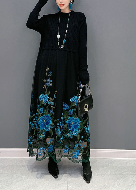 Boutique Blue Embroideried Patchwork Knit Maxi Dress Spring LY1583 - fabuloryshop