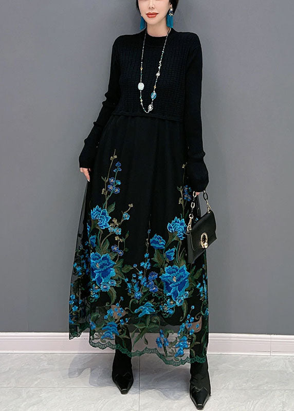 Boutique Blue Embroideried Patchwork Knit Maxi Dress Spring LY1583 - fabuloryshop