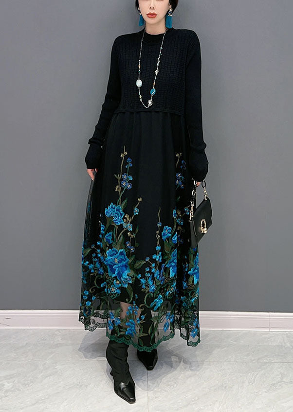 Boutique Blue Embroideried Patchwork Knit Maxi Dress Spring LY1583 - fabuloryshop