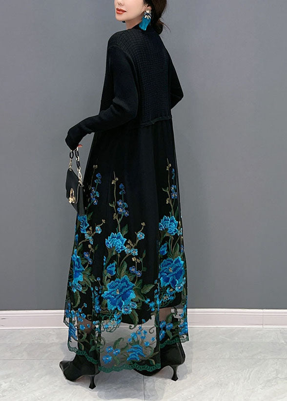 Boutique Blue Embroideried Patchwork Knit Maxi Dress Spring LY1583 - fabuloryshop