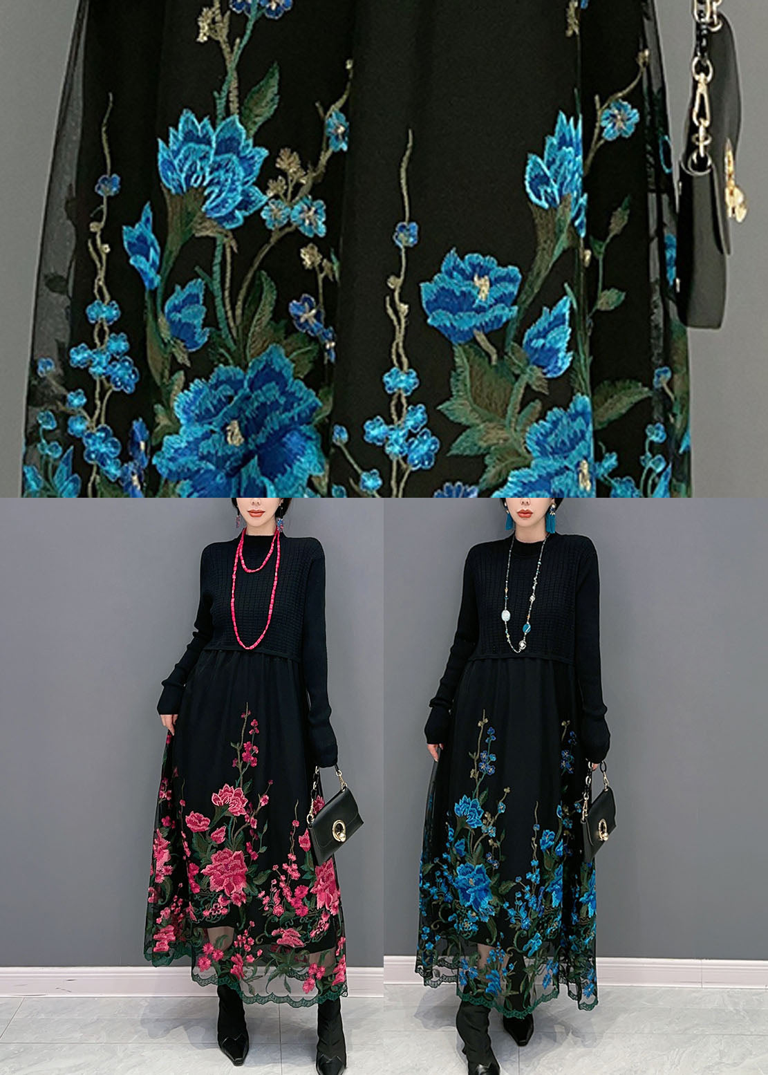 Boutique Blue Embroideried Patchwork Knit Maxi Dress Spring LY1583 - fabuloryshop