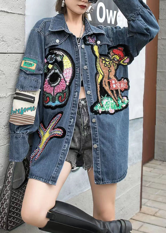 Boutique Blue Embroideried Zircon Nail Bead Patchwork Denim Coat Spring LY5220 - fabuloryshop