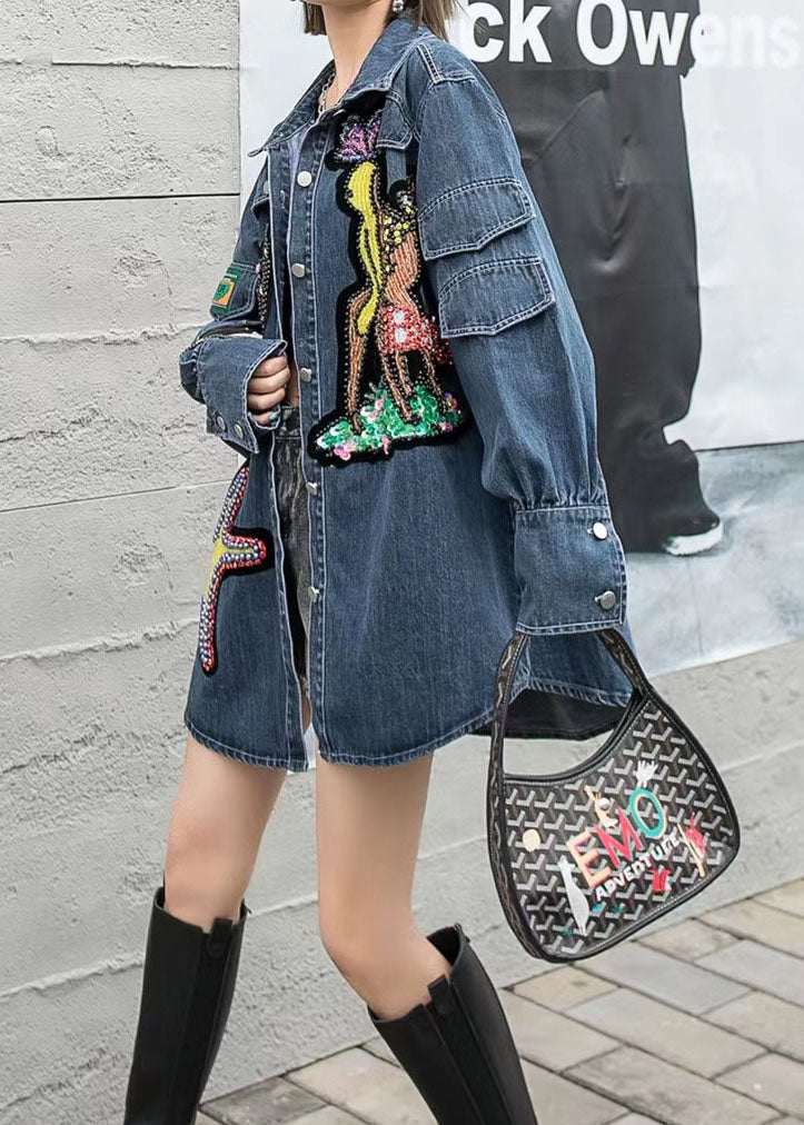 Boutique Blue Embroideried Zircon Nail Bead Patchwork Denim Coat Spring LY5220 - fabuloryshop