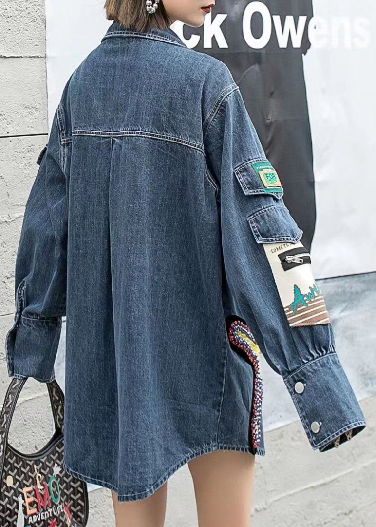 Boutique Blue Embroideried Zircon Nail Bead Patchwork Denim Coat Spring LY5220 - fabuloryshop