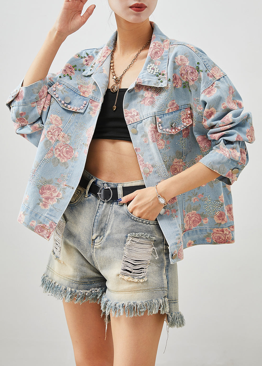 Boutique Blue Nail Bead Rose Print Denim Coats Fall Ada Fashion