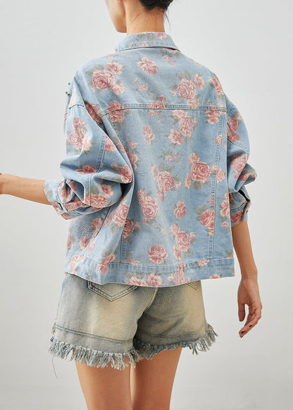 Boutique Blue Nail Bead Rose Print Denim Coats Fall Ada Fashion