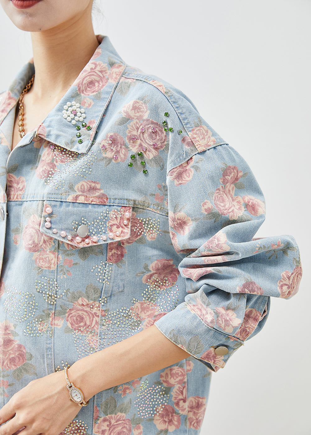 Boutique Blue Nail Bead Rose Print Denim Coats Fall Ada Fashion