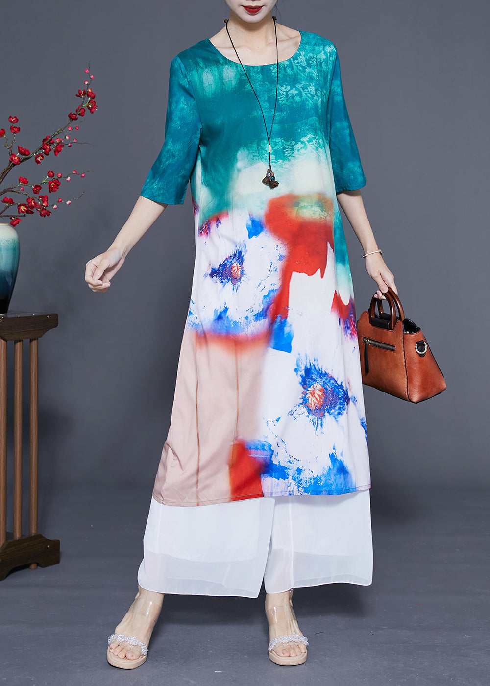 Boutique Blue O-Neck Tie Dye Silk Long Dress Half Sleeve LC0373 - fabuloryshop