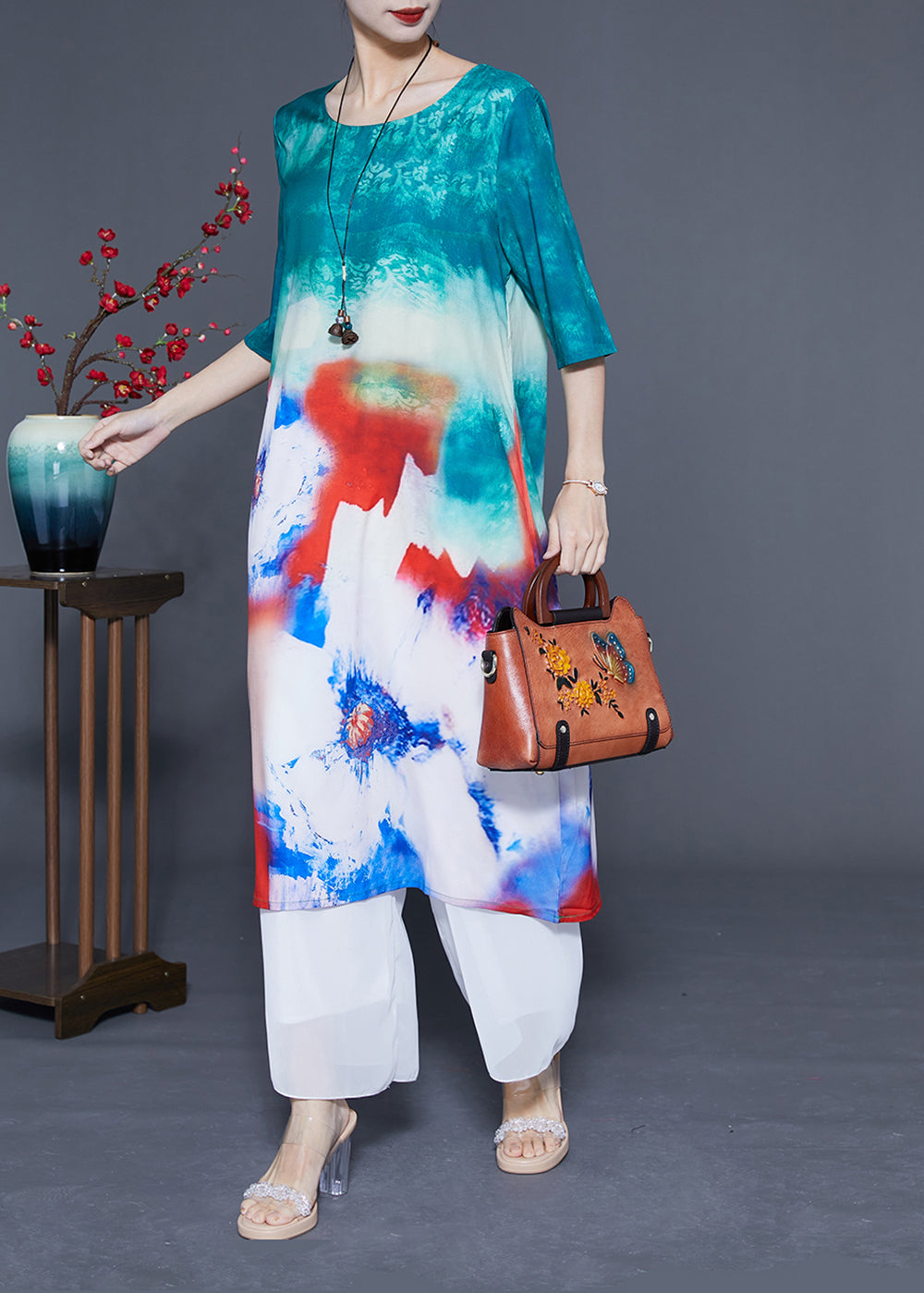 Boutique Blue O-Neck Tie Dye Silk Long Dress Half Sleeve LC0373 - fabuloryshop