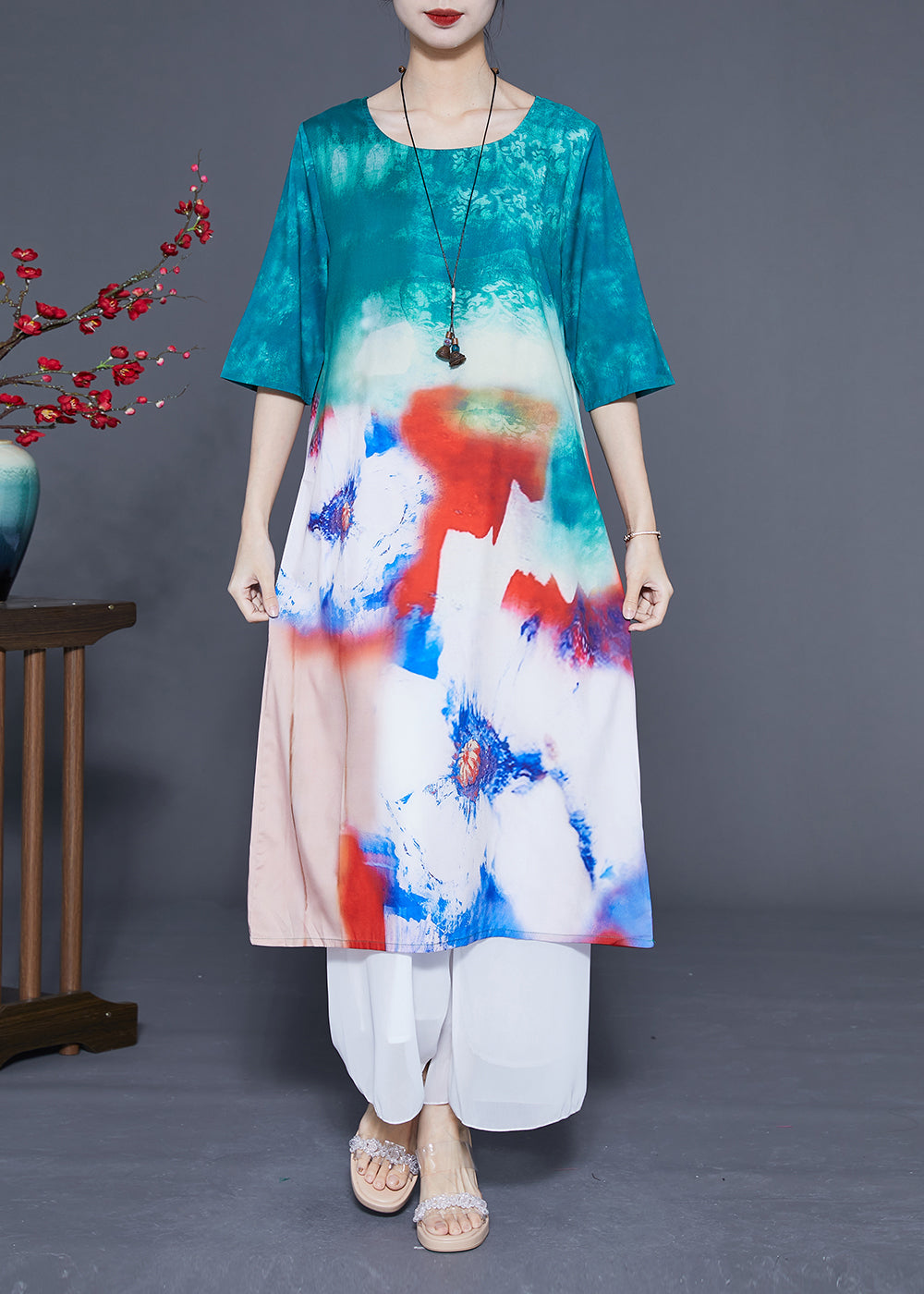 Boutique Blue O-Neck Tie Dye Silk Long Dress Half Sleeve LC0373 - fabuloryshop