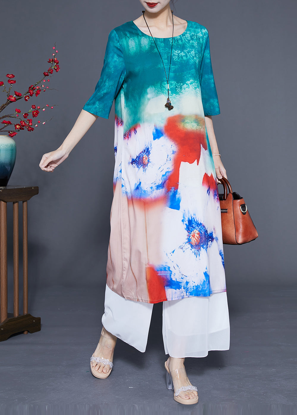 Boutique Blue O-Neck Tie Dye Silk Long Dress Half Sleeve LC0373 - fabuloryshop