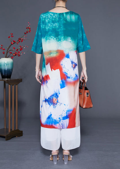 Boutique Blue O-Neck Tie Dye Silk Long Dress Half Sleeve LC0373 - fabuloryshop