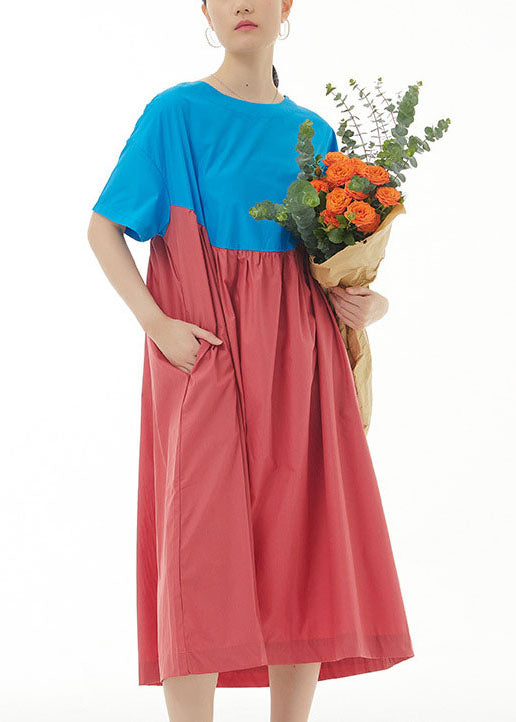 Boutique Blue O Neck Wrinkled Patchwork Cotton Dresses Summer LY1163 - fabuloryshop