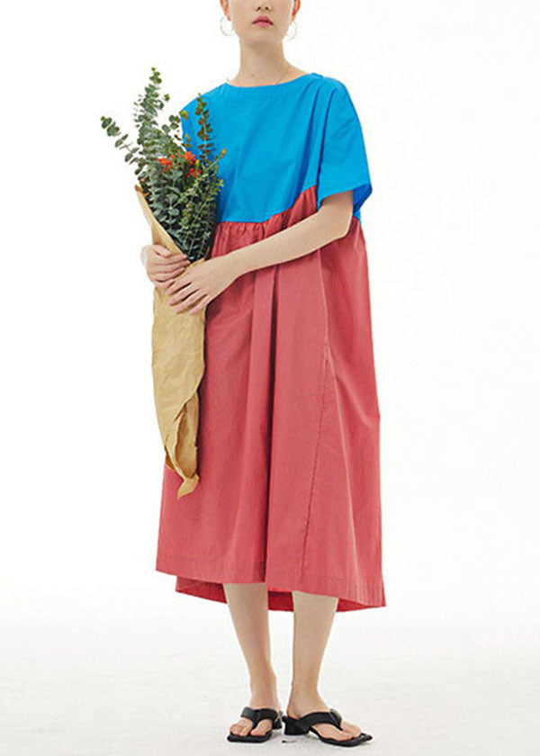 Boutique Blue O Neck Wrinkled Patchwork Cotton Dresses Summer LY1163 - fabuloryshop
