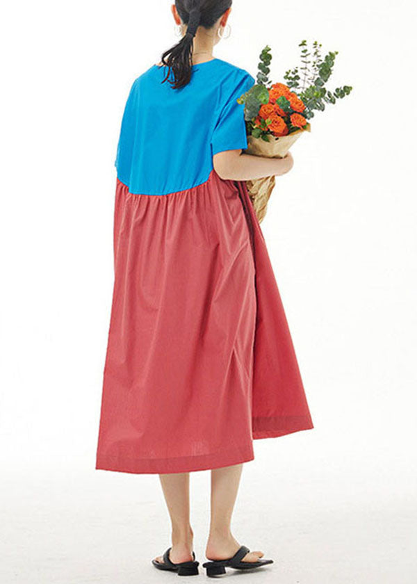 Boutique Blue O Neck Wrinkled Patchwork Cotton Dresses Summer LY1163 - fabuloryshop