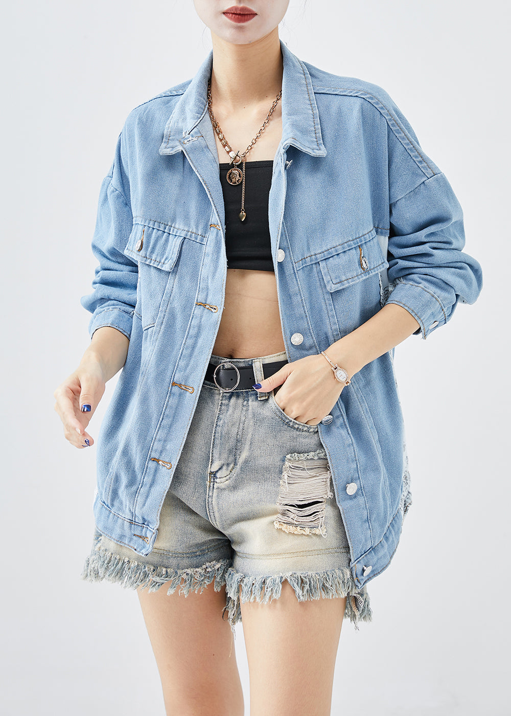 Boutique Blue Oversized Patchwork Cotton Coats Fall Ada Fashion